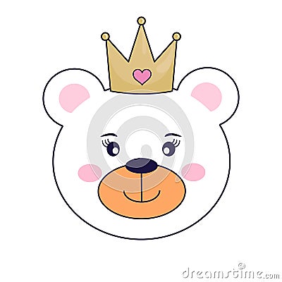 Lovely cute bear princess face in gold crown, isolated object on white background. Vector Illustration