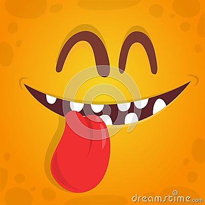 Lovely cute cartoon monster face with hanging tongue. Vector Halloween orange monster. Vector Illustration