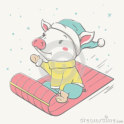 Lovely cute cheerful dressed piggy rides on a sled Vector Illustration