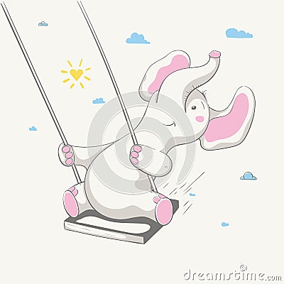 Lovely cute cheerful elephant swings on a swing. Card with cartoon animal. Vector Illustration