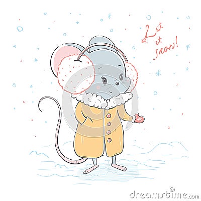 Lovely cute cheerful mouse in a coat catches a snowflake Vector Illustration