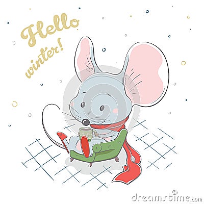 Lovely cute cheerful mouse sits in a chair and drinks cocoa. Winter card with cartoon style animal Vector Illustration