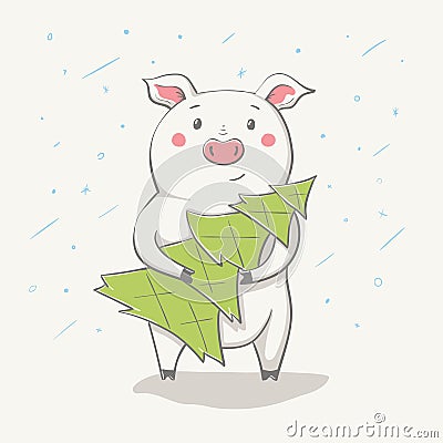 Lovely cute cheerful piggy go with the Christmas tree. Card with cartoon animal Vector Illustration