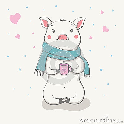 Lovely cute cheerful piggy sits in a funny scarf with cup with a heart in hands. Card with cartoon animal. Vector Illustration