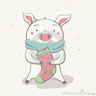 Lovely cute cheerful piggy sits in scarf with Christmas sock Vector Illustration