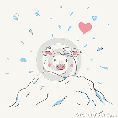 Lovely cute cheerful piggy is sitting in a snowdrift covered in snow. Valentine card with symbol of the year - a pig Vector Illustration