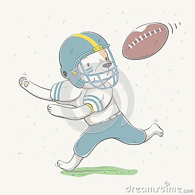 Lovely cute dog dressed like American Football player with ball in field. Young dressed dog Vector Illustration