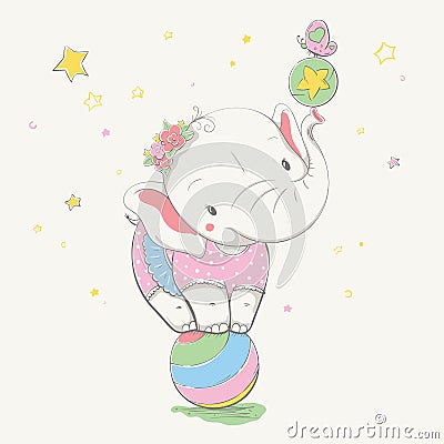 Lovely cute elephant stands on the colorful ball. Young dressed rhino in the children`s summer dress in polka dots, with the Vector Illustration