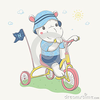 Lovely cute hippo in the panama, T-shirt and shorts by small bike. Summer series of children`s card Vector Illustration