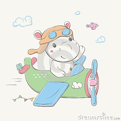 Lovely cute hippo in the pilot`s hat and glasses flies by the green plane with butterfly, bird and garland. Vector Illustration