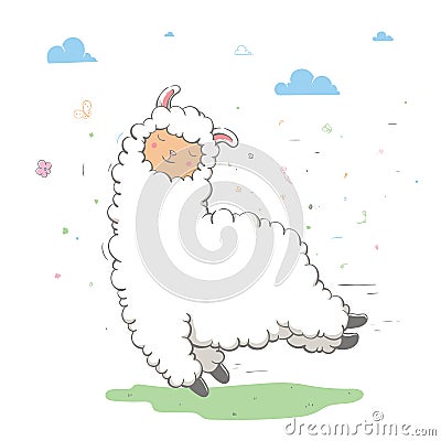 Lovely cute jumping llama / guanaco on a green meadow with clouds. Spring card Vector Illustration