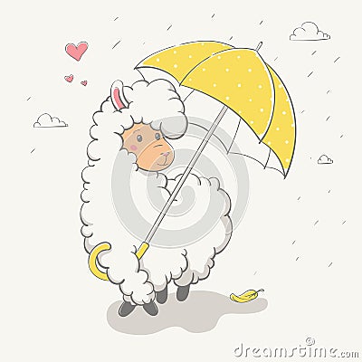 Lovely cute jumping llama / guanaco with a yellow umbrella with Vector Illustration