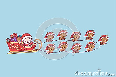 Lovely cute kawaii chibi. Santa Claus in a sleigh with gifts. a team of nine deer. Merry christmas and a happy new year Vector Illustration