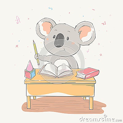 Lovely cute koala sits at a school desk with pencil and books. Series of school children`s card with cartoon style animal Vector Illustration