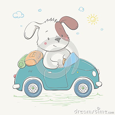 Lovely cute little dog boy is driving the car. Young camper. Summer series of children`s card Vector Illustration