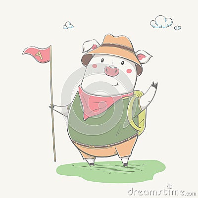 Lovely cute piggy dressed as a little scout. Autumn or Summer cartoon animal Vector Illustration