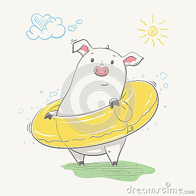 Lovely cute piggy stands in the yellow swimming circle. Pig is going to swim, hand-drawn Vector Illustration