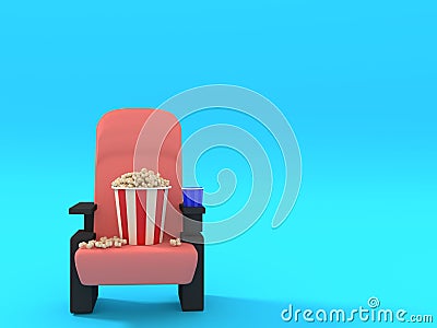 LOVELY CUTE POPCORN CINEMA MOVIES WITH RED CHAIR 3D ILLUSTRATION Cartoon Illustration