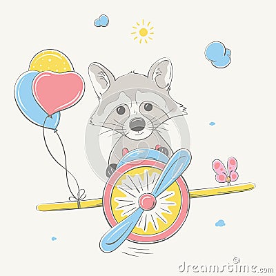 Lovely cute raccoon flies by the colored plane with balloons. Summer series of children`s card Vector Illustration