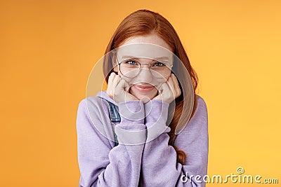 Lovely cute redhead sweet silly girl geek university student wearing glasses lean hand smiling tenderly look affection Stock Photo