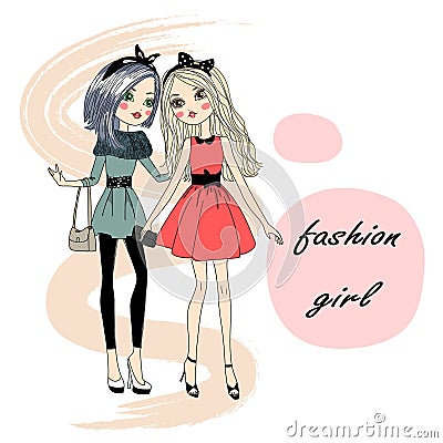 Lovely cute stylish fashion girl. Vector Illustration