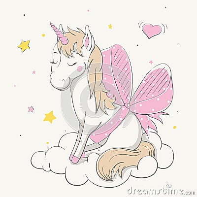 Lovely cute unicorn with a bow-knot in polka dots sits on white cloud. Love cartoon animal. Vector Illustration