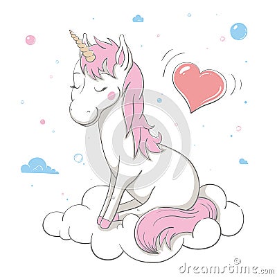 Lovely cute unicorn sits on white cloud with a big heart and the bubbles around. Spring card Vector Illustration