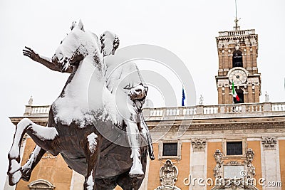 A lovely day of snow in Rome, Italy, 26th February 2018: a beautiful view of Statua Equestre of Marco Aurelio in Campidoglio Editorial Stock Photo