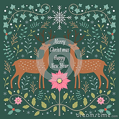 Deers and flora Christmas mas theme pattern vector background Vector Illustration