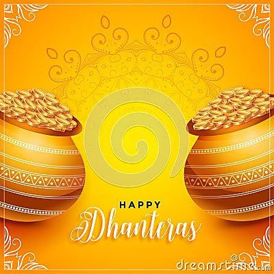 Lovely dhanteras festival decorative card design with golden kalash Vector Illustration