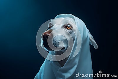 Lovely disguised Halloween dog wearing ghost costume Stock Photo