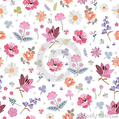 Lovely ditsy floral pattern with different beautiful flowers on white background. Seamless design for fabric, wrapping paper Vector Illustration