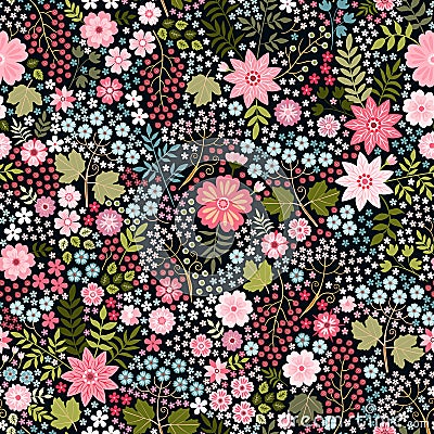 Lovely ditsy floral pattern. Seamless pattern with flowers, leaves and berries on black background. Fashion print for fabric Vector Illustration