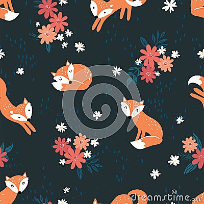 Lovely doodle fox seamless pattern, cute hand drawn background - great for Kids, on textiles, banners, wallpapers - vector design Vector Illustration