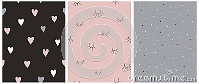 Lovely Doodle Seamless Vector Patterns with Hearts, Eyes and Dots. Vector Illustration