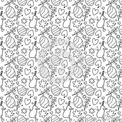 Drawn Easter seamless pattern outlined on a white background, cute doodle eggs and flowers with hearts in a stroke Vector Illustration