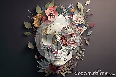 elegant portrait of a skull made by flower, created with Generative AI technology Stock Photo