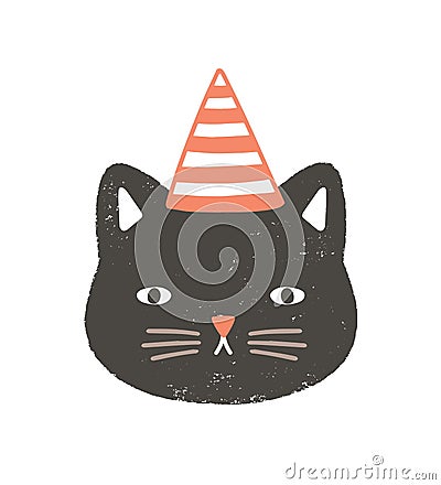 Lovely face or head of cat wearing party hat for birthday celebration. Funny cartoon muzzle of pussycat isolated on Vector Illustration