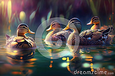 Lovely family of ducks swim in the lake, colorful glow realistic fantasy shiny background, wild duck illustration Generative AI Cartoon Illustration