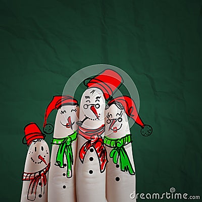 Lovely family hand drawn and finger of snowmen Stock Photo