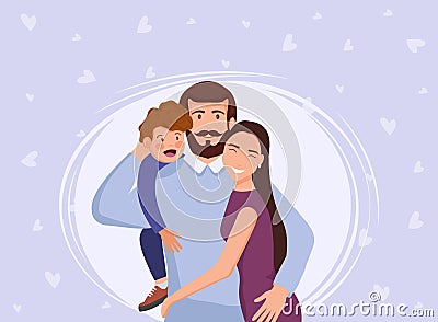 Lovely family poster together. Happy young family. Vector illustration of a flat design Cartoon Illustration