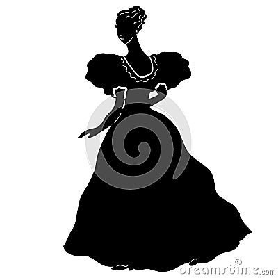 Lovely female ball gown silhouette in vintage style. Bride. Long antique black dress with white frill, curly combed hair Vector Illustration