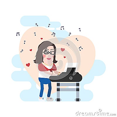 Lovely Female Pianist Ever Vector Character. Vector Illustration