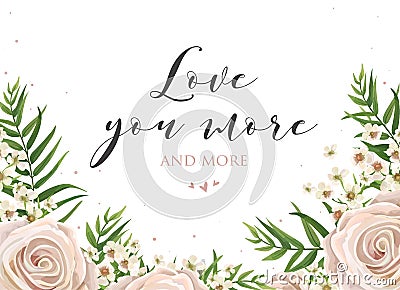 Lovely floral card design with pink, creamy white garden rose, w Vector Illustration