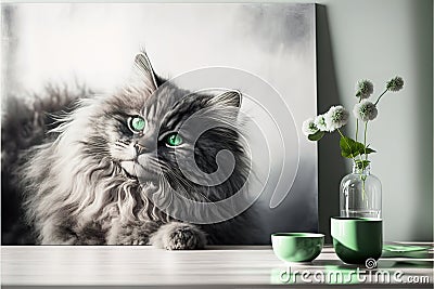 Funny large longhair gray kitten with beautiful big green eyes lying on white table, AI generated Stock Photo