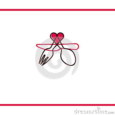 Lovely food logo template. Fork, spoon and knife silhouettes with heart shape. Logo design template Stock Photo