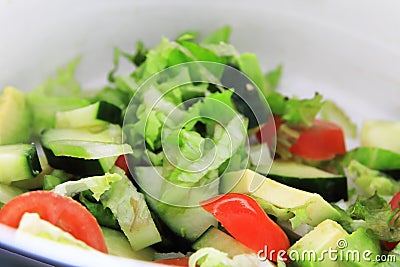 A lovely, fresh bucket of salads gives a meal the essential balance to feed a hungry body. Tomatoes, cucumber, avacado and lettuce Stock Photo