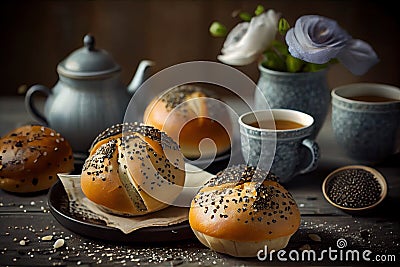 lovely fresh poppy seed buns for breakfast Stock Photo