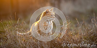 Lovely ginger cat walk in the dry grass at sunset Stock Photo