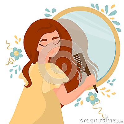 Lovely girl combing her long hair near mirror. Cartoon Illustration